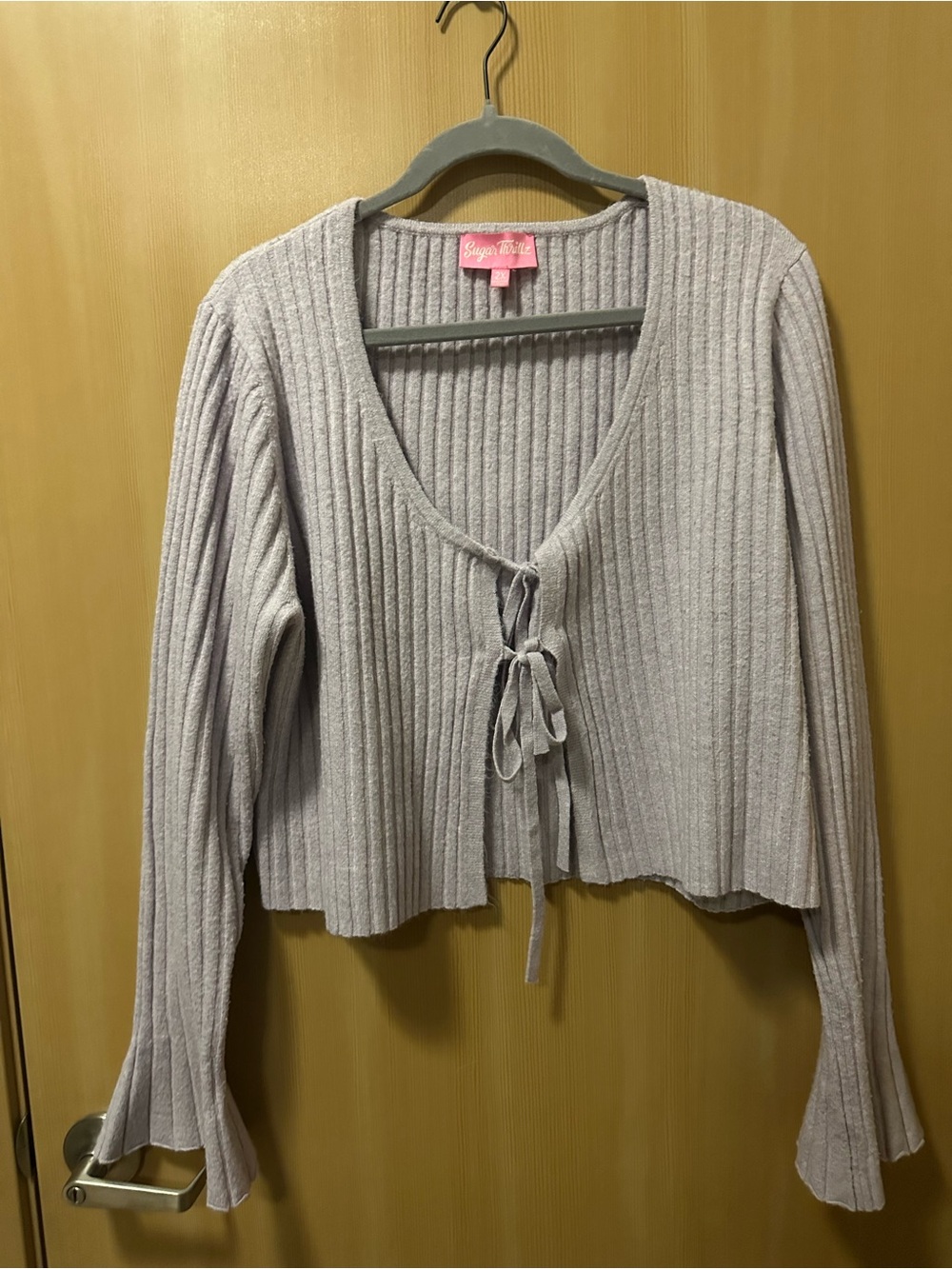 Sugar Thrillz Lilac Ribbed Tie-Front Crop Cardigan